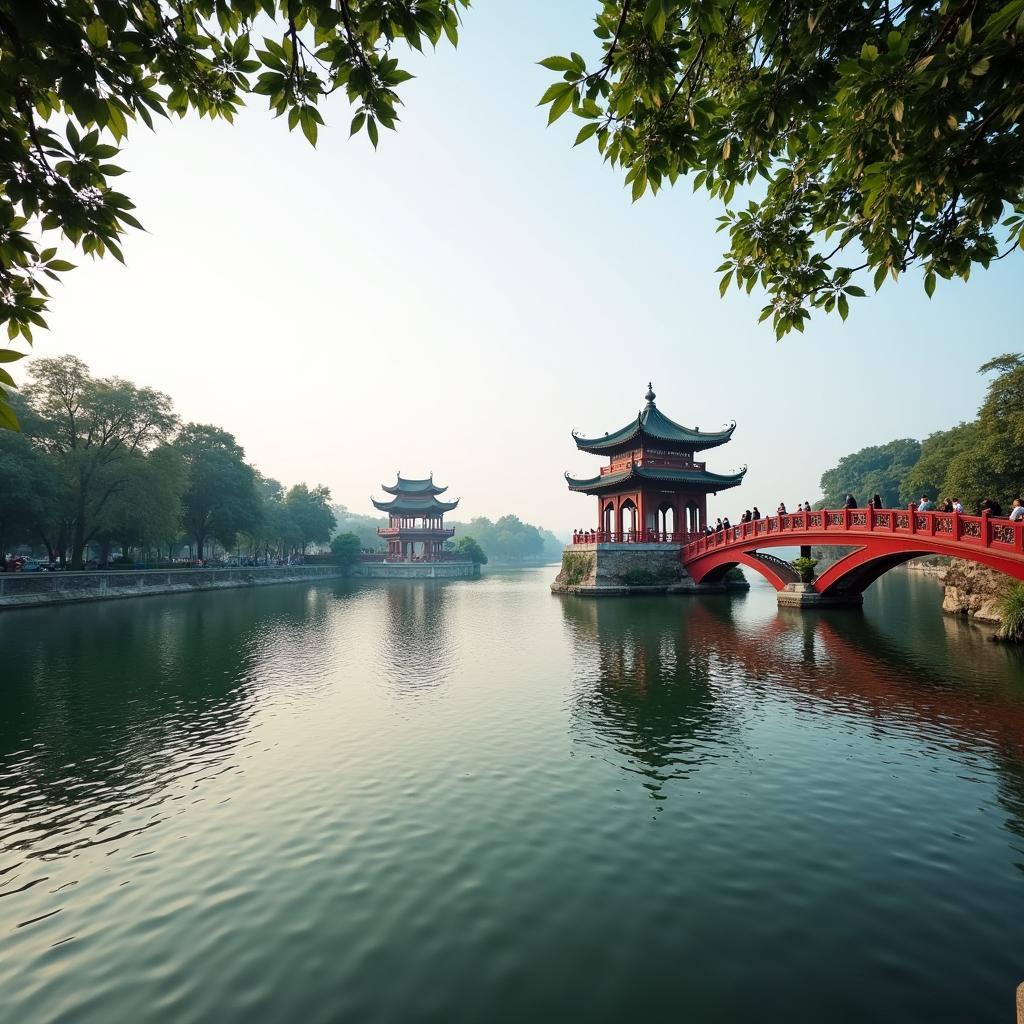 Hồ Gươm Hà Nội với Tháp Rùa cổ kính và Cầu Thê Húc màu đỏ son, biểu tượng lịch sử văn hóa thủ đô.